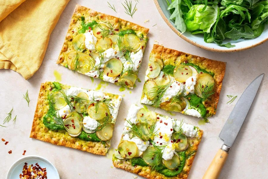 Potato and Ricotta Flatbread with Sweet Pea Pistou
