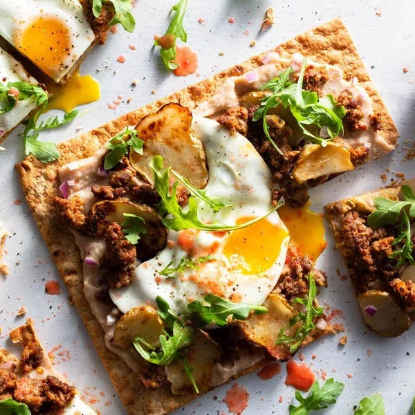 Chorizo Flatbreads with Sunchokes and Sunny-Side Up Eggs