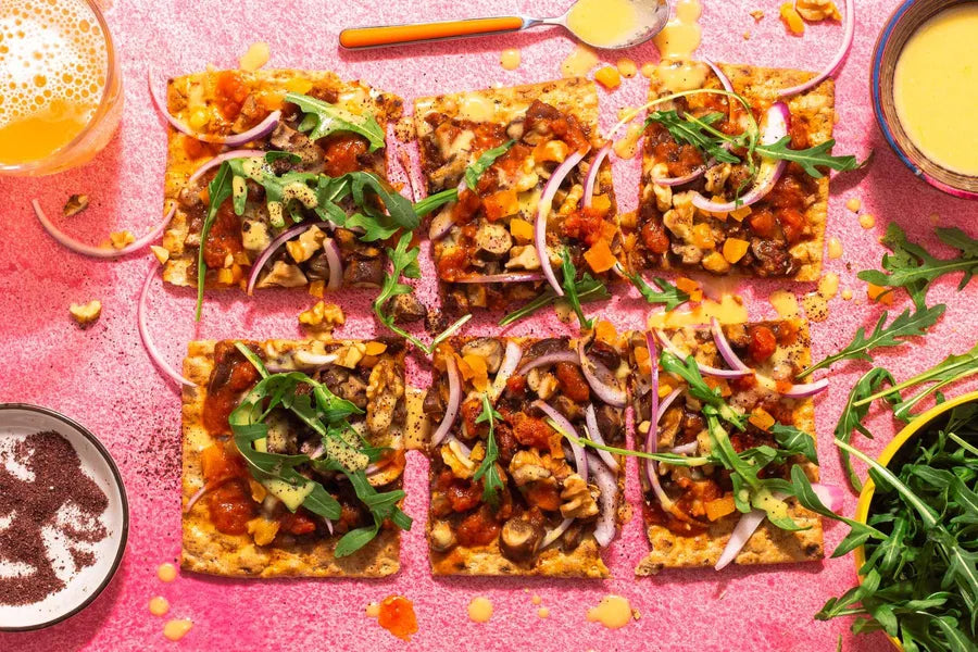 Walnut & Mushroom Flatbreads with Apricots and Lemon Tahini