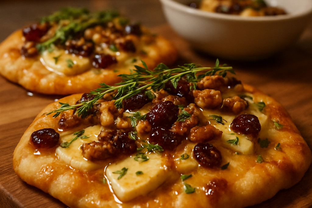 Crispy Brie Flatbread with Cranberries, Walnuts & Hot Honey