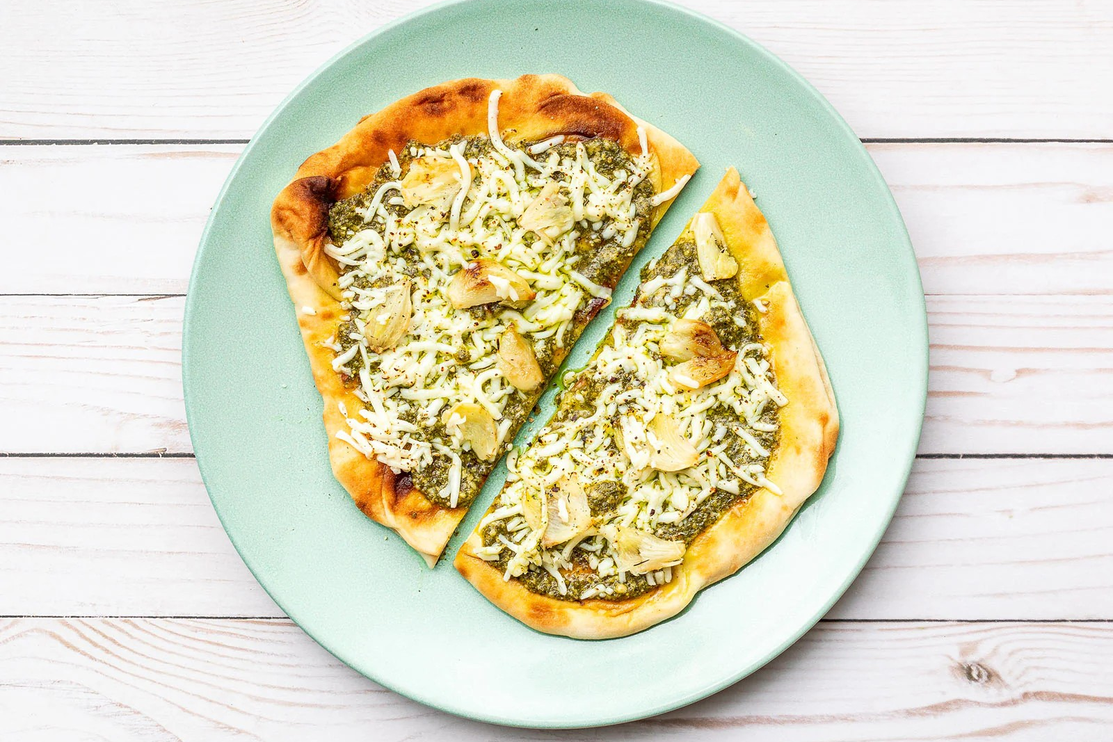 Roasted Garlic Pesto Naan Pizza