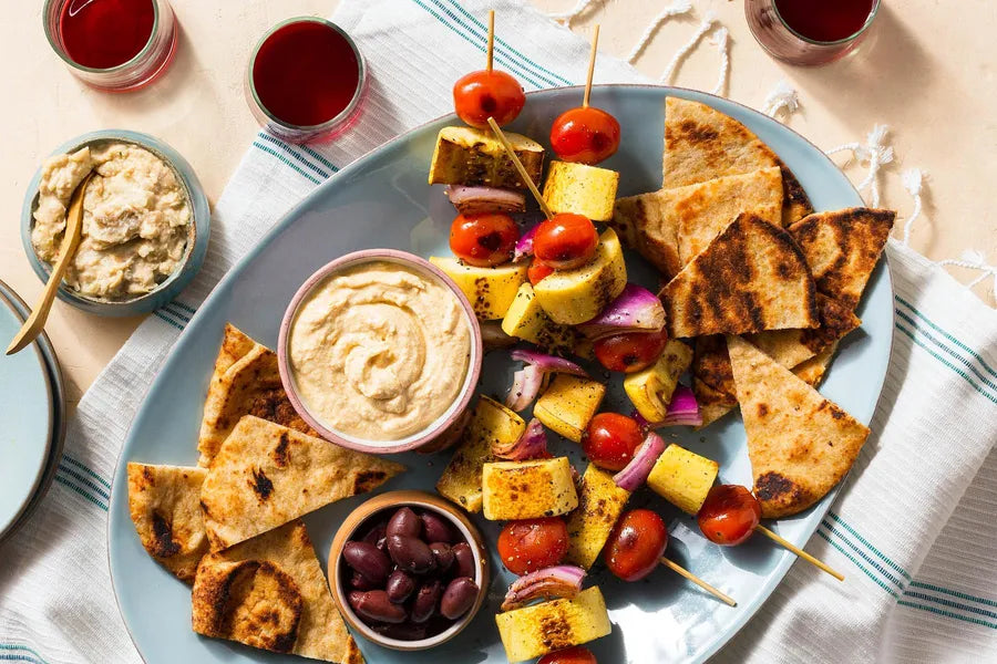Summer Vegetable Skewers with Baba Ganoush & Feta Dip