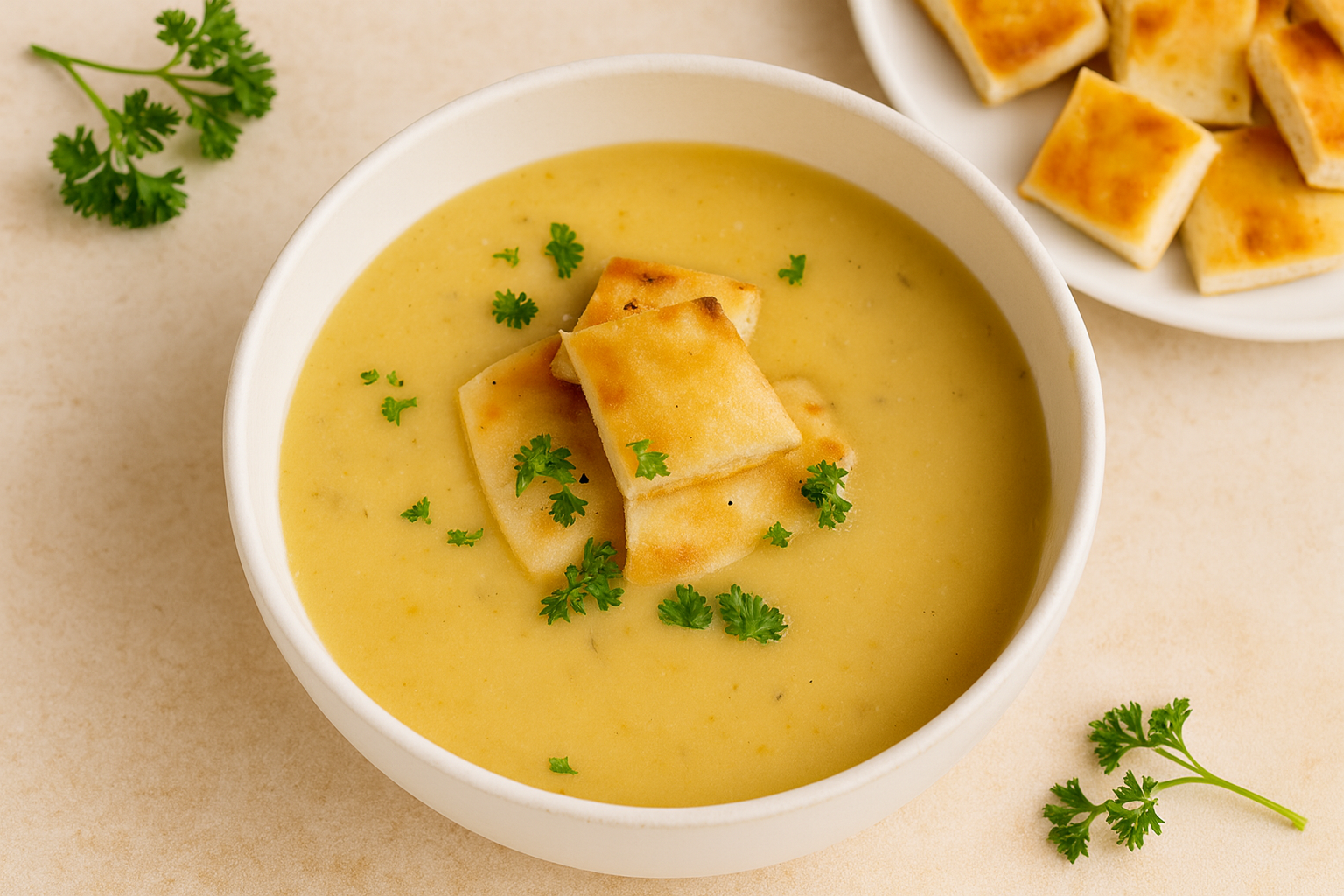 Garlic Soup with Naan Croutons