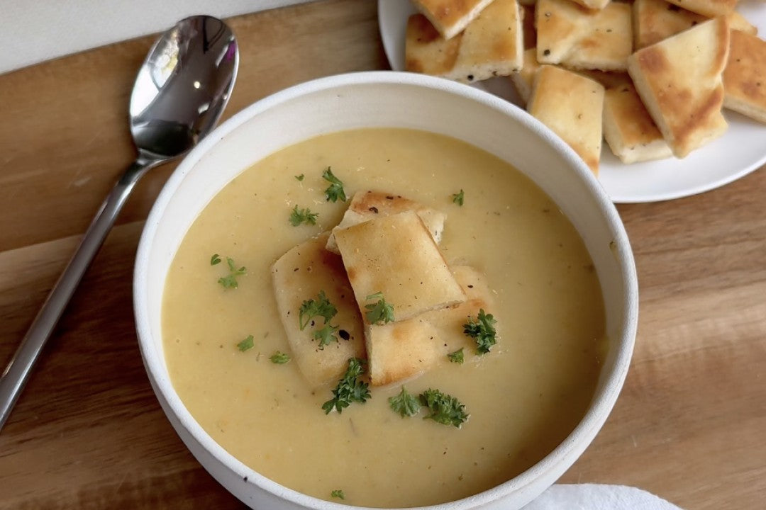 Garlic Soup with Naan Croutons