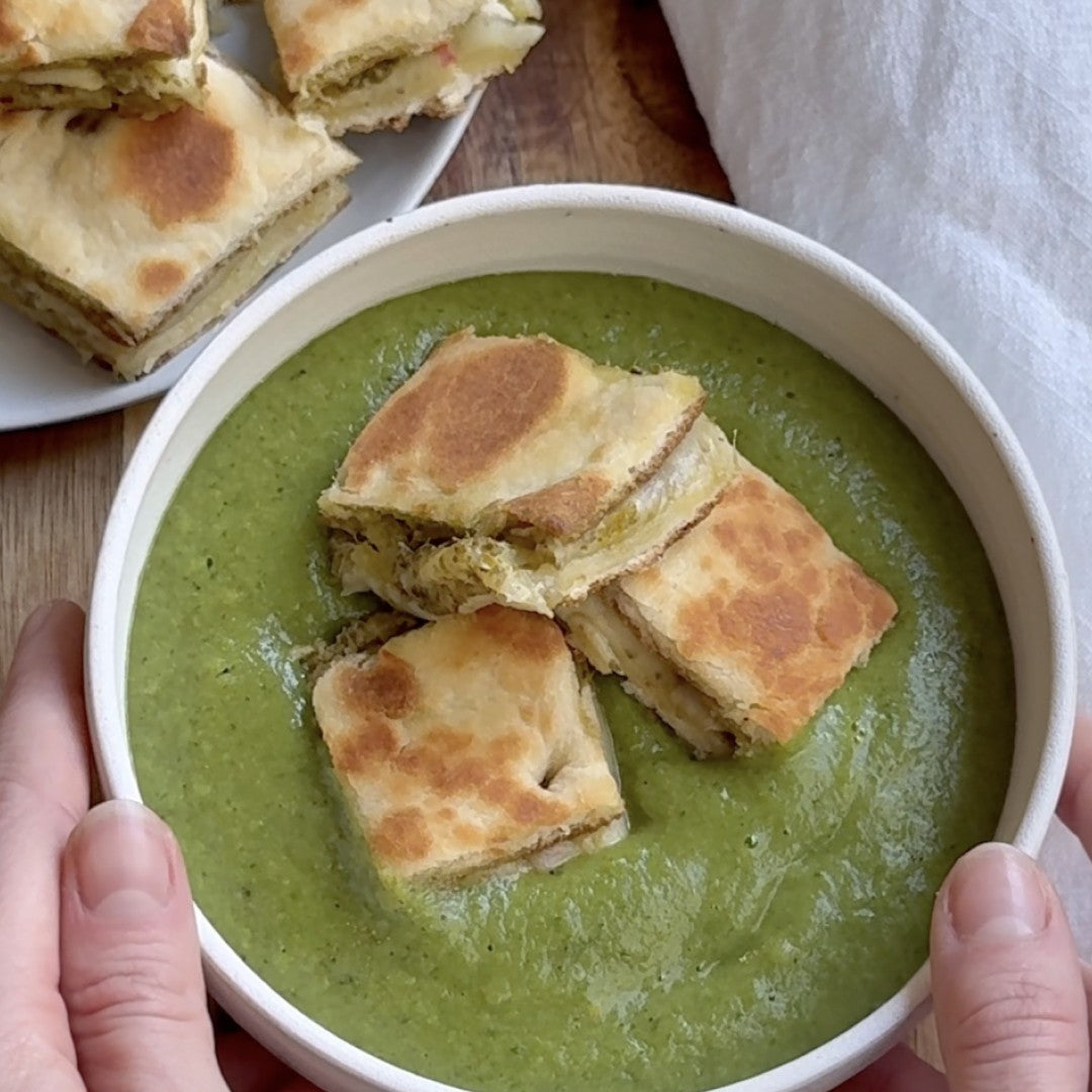 Green Sheet Pan Soup with Pesto Grilled Cheese Garlic Naan Croutons