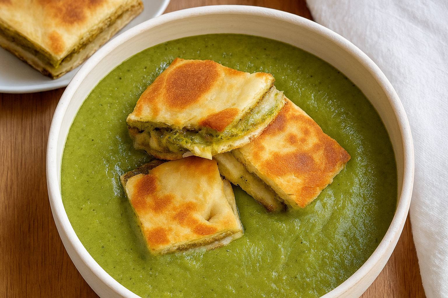 Green Sheet Pan Soup with Pesto Grilled Cheese Garlic Naan Croutons