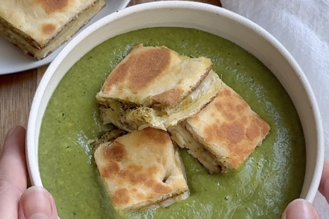 Green Sheet Pan Soup with Pesto Grilled Cheese Garlic Naan Croutons
