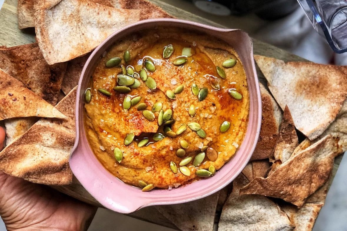 Roasted Butternut Squash Hummus with Pita Chips