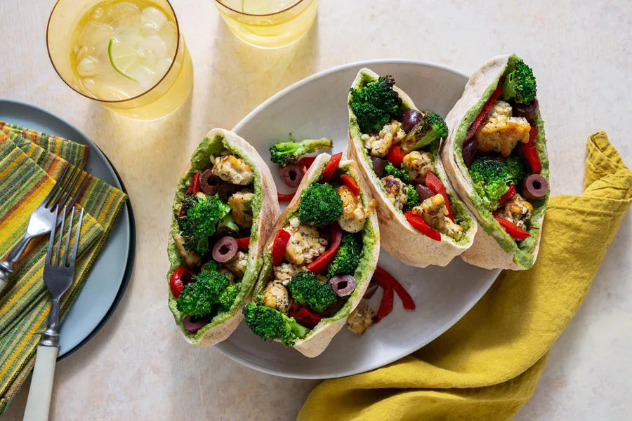 Mediterranean Tempeh Pitas with Spinach-Artichoke Spread