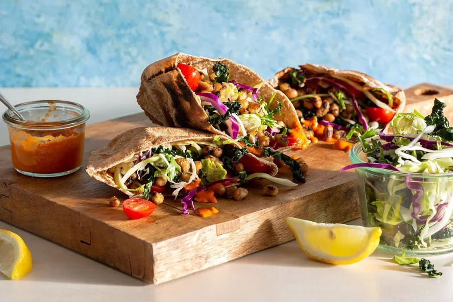 Black-Eyed Pea Pitas with Crunchy Salad and Red Pepper Baba Ganoush