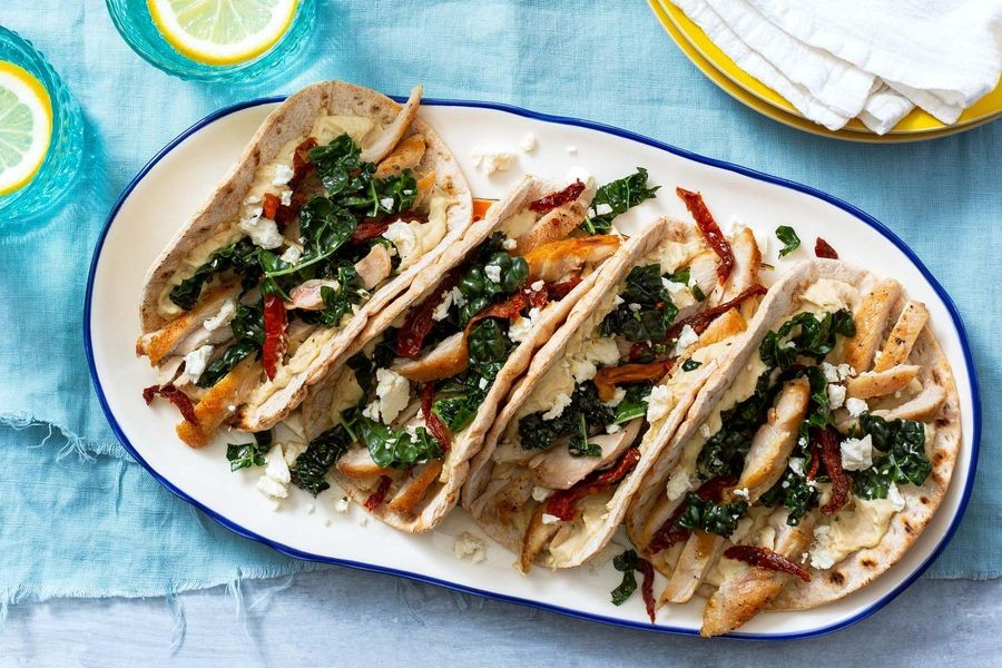 Chicken and Hummus Tacos with Greek Kale Salad