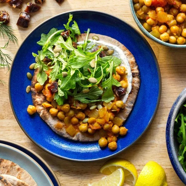Pita Flatbreads with Curried Chickpeas and Arugula-Date Salad