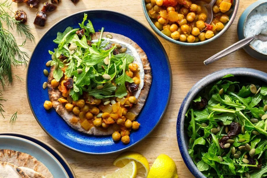 Pita Flatbreads with Curried Chickpeas & Arugula-Date Salad